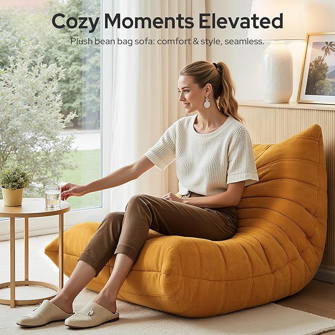 High-end Togo Bean Bag Chair, Fireside Chair with Yellow Suede Fabric Cover, Comfy & Soft Lazy Floor Lounge Sofa for Bedroom, Living Room, Office or Salon
