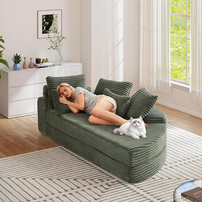 Antetek Chaise Lounge Chair Indoor, Convertible Folding Futon Sofa Bed w/ 5 Pillows, Fluffy Corduroy Boneless Compressed Memory Foam Couch for Living Room, Bedroom (Green, Right Half)