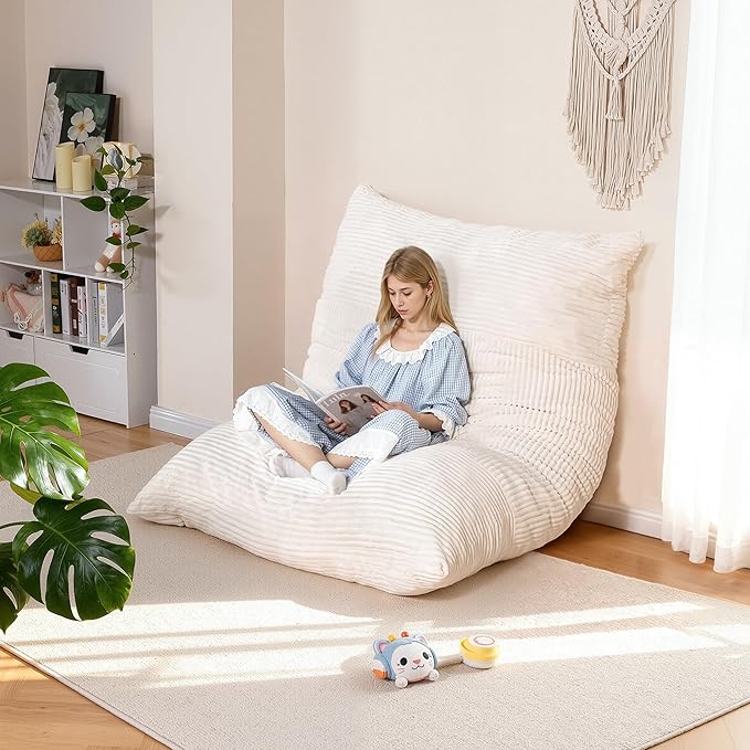 nalone 4-in-1 Giant Bean Bag Chair for Adults, 6.4 FT Memory Foam Filled Beanbag Chair, Floor Sofa Bed with Fluffy Washable Flannel Cover, Lounge Couch for Bedroom, Living Room (White)