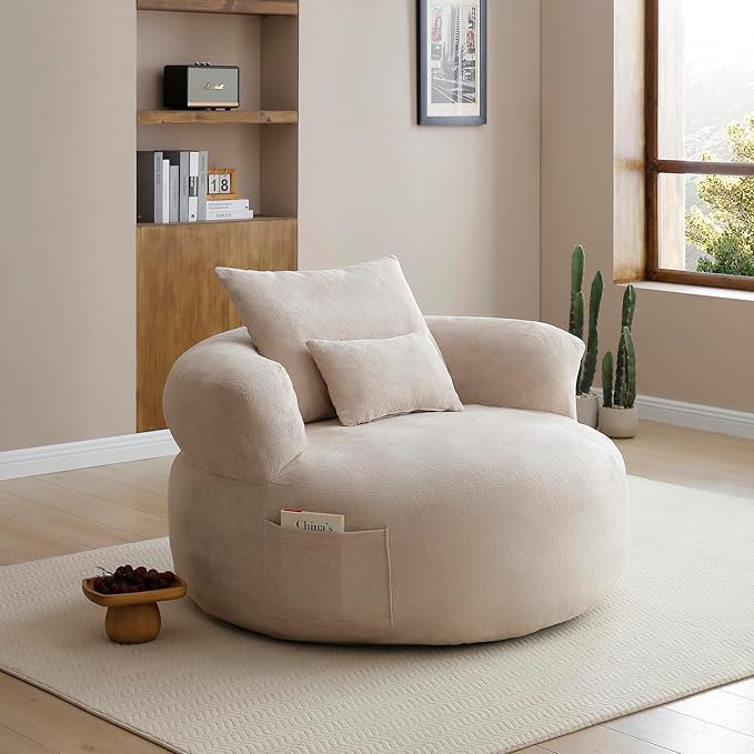 Round Boneless Cotton Linen Bean Bag Chair with Side Pocket - Compressed No Assembly Barrel Chaise Lounge, Soft Floor Sofa for Living Room & Bedroom (Khaki)