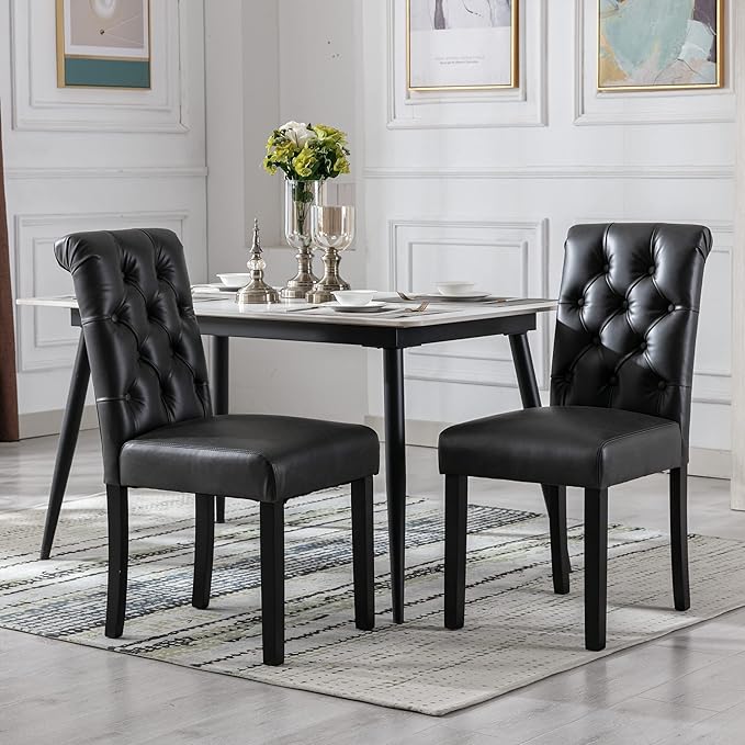 chairus Dining Chairs Set of 2 Mid Century Modern Living Room Chairs with Button Tufted High Back PU Leather Armless Chair Comfy Upholstered Side Chairs for Kitchen/Restaurant/Bedroom, Black