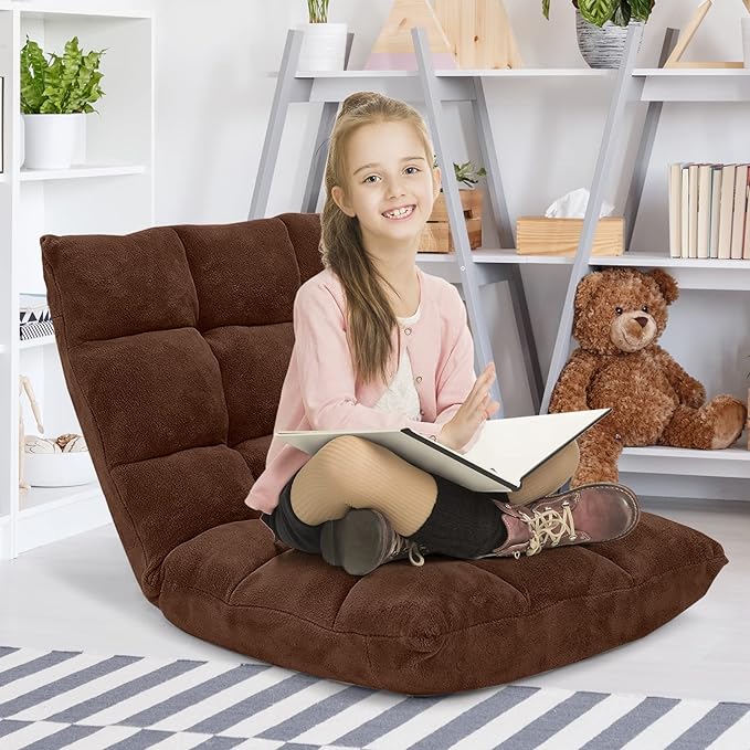 Floor Chair with Back Support, Foldling Gaming Sofa Chair with Comfy Cushion, Adjustable 14-Position Meditation Chairs, Lazy Lounge Recliner Reading Seat for Adults, Kids (Brown)
