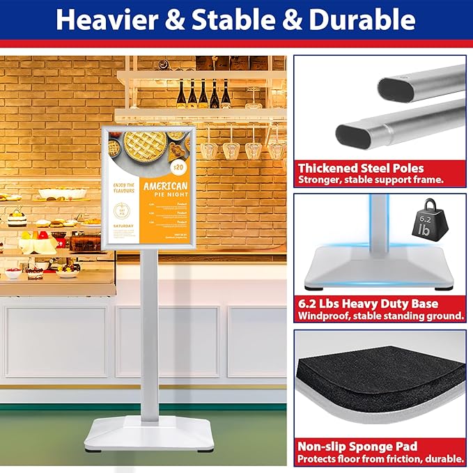 VAIIGO Pedestal Sign holder Stand 8.5x11inch Adjustable Standing Floor Sign Stand with Heavy Base & Snap Frame Display Stand for Indoor Outdoor Business Store Sign Holder Poster Stand (Silver)