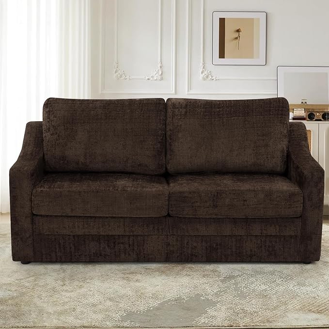 ACMEASE 67 Inches Chenille 2-Seat Sofa w/Comfortable Back Cushions, Modern Love Seat w/Deep Seat Space, Upholstered 2 Seater Couch w/High Resiliency Foam for Living Room, Office, Brown
