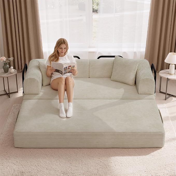 Convertible Coarser Corduroy Sleeper Sofa Bed with Cylindrical Pillow, Folding Mattress Couch with Fixed-Shape Frame, Floor Sofa Lounge Couch for Living Room Bedroom Lounge Studio, Beige