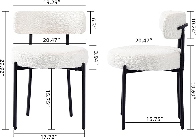 DYHOME White Dining Chair One Chair for Kitchen Dining Room,Upholstered Boucle Dining Chair with Black Metal Legs, Curved Backrest Modern Dining Room Chair