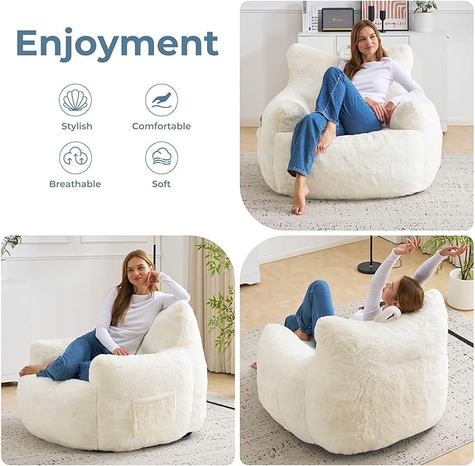 Giant Bean Bag Chair for Adults, Oversized Bean Bag with Filling Plush Fluffy,BeanBag Lazy Sofa Couch with Armrest for Living Room, Cat Shaped Beanbag Couch with Sidepocket for Bedroom,Beige