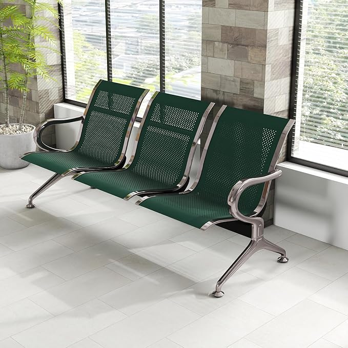 Kinfant 3-Seat Waiting Room Chair - Office Guest Reception Chairs with Ergonomic Backrests, Airport Waiting Bench with Armrests, Metal Waiting Furniture for Hospital, Bank, Salon, Dark Green