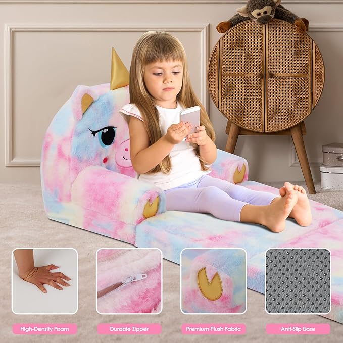 decalsweet Kids Couch Comfy Foldable Kids Sofa to Lounger 2 in 1 Toddler Chair Plush Baby Sleeper Chair for Playing and Napping, Birthday Gifts for Boys and Girls