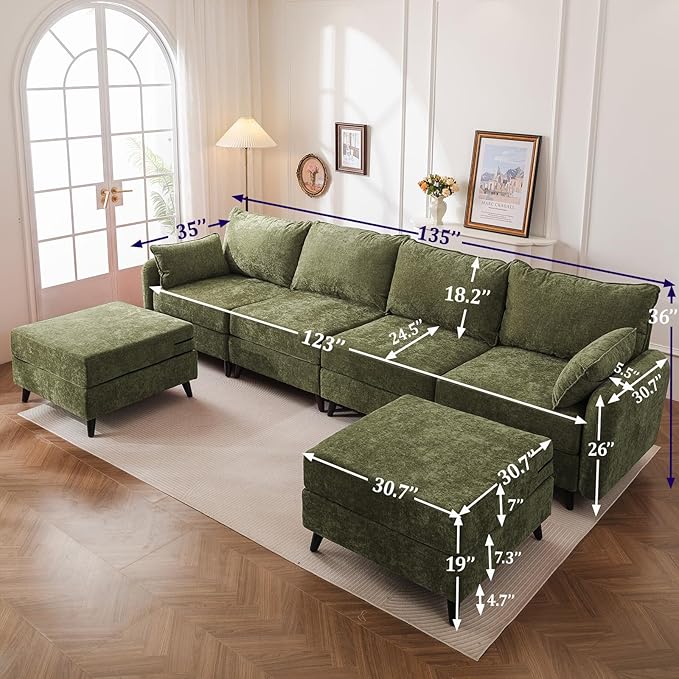 Rexulqo 135'' Modular Sectional Sofa with All Seats Storage, Oversized U Shaped Couch for Living Room,4-Seater Comfy Cloud Couches with Movable Ottoman,Big Sectionals for Bedroom,Velet,Green