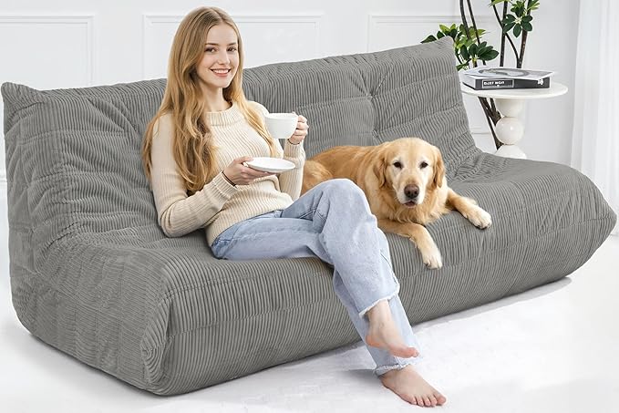 Bean Bag Chair,Giant Beanbag Chairs for Adults,Comfy Large Fireside Chair Lazy Sofa,Corduroy Bean Bag Lounger with Memory Foam Filled,Floor Sofa Couch for Living Room (Light Grey, 3-Seater)