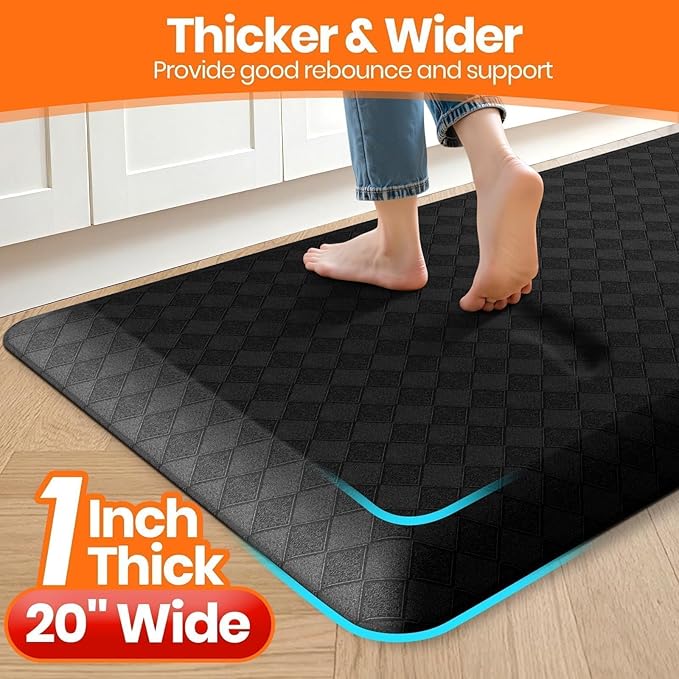 StepRite 1” Thick Kitchen Mats for Floor, Anti Fatigue Kitchen Rugs, Non-Slip,Heavy Duty Waterproof Kitchen Rug, Standing Desk Mat, Gifts for Friends, Family, Home, Kitchen, Office (72" x 20", Black)