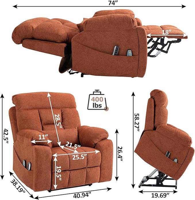 4-Motor Power Lift Recliner Chair for Elderly, Oversized Lay Flat Recliner with Heat and Massage, Adjustable Headrest Lumbar Heat Hidden Cup Holder for Big Man 400lbs (Orange Chenille)