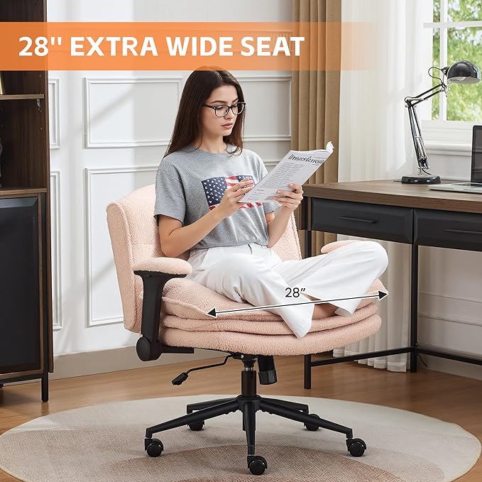 Criss Cross Chair with Flip-up Arms, Wide Criss Legged Chair with 3 Layer Cushion, Ergonomic Office Desk Chair with Wheels, Swivel Vanity Chair for Office, Living Room, Bedroom, Boucle Pink