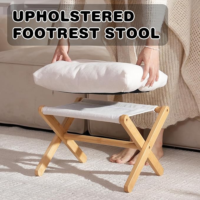 Ottoman Foot Rest- Bamboo Foldable Stool, Foot Stools Small Ottman with Upholstered & X Legs, Folding Stool for Makeup, Bedroom and Living Room (Small Beige)