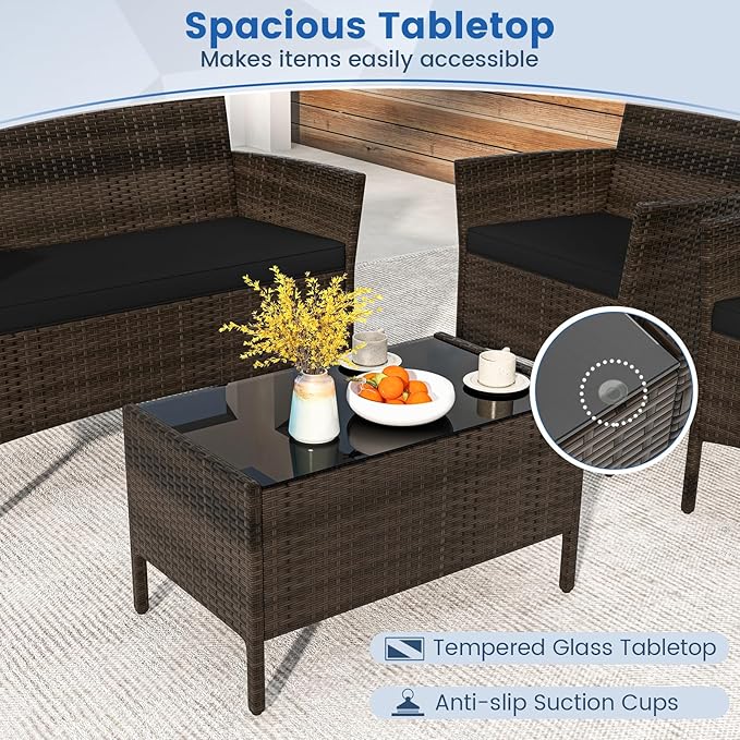 HAPPYGRILL 8 Pieces Outdoor Rattan Conversation Set, Patio Wicker Furniture Set with Loveseat Chairs & Tempered Glass Coffee Table, Outside Sectional Sofa Set for Backyard Garden & Poolside