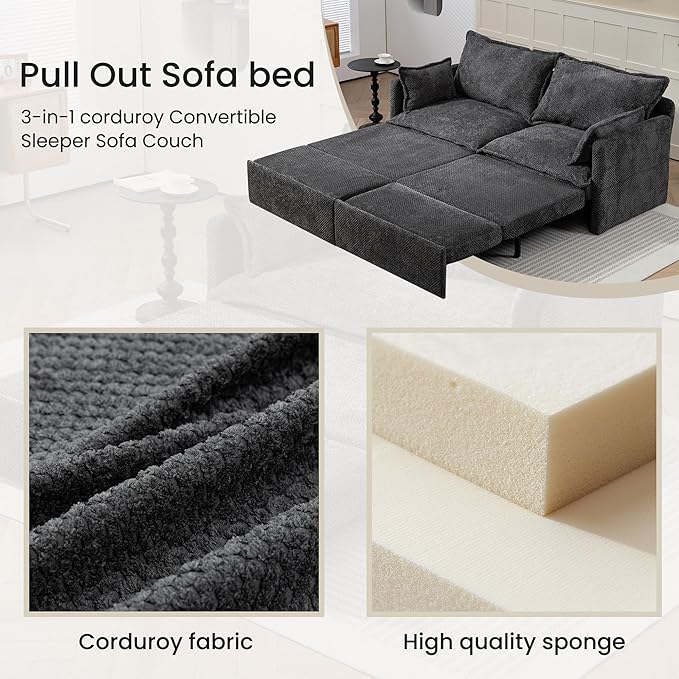 GRAINLLE King Size Pull Out Couch,3-in-1 Corduroy Sleeper Sofa with Pull Out Sofa Bed,USB & Side Storage,Convertible Loveseat Sleeper Couch for Living Room, Bedroom, pet-Friendly(Grey, 73.6'')