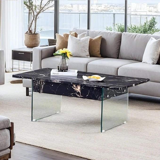 HanStrong 43.3" Lift-Top Coffee Table with Storage,Marble & Tempered Glass Space-Saving for Living Room,Office,Black