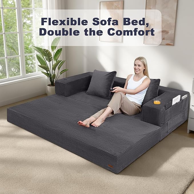 COMAX Futon Sofa Bed Queen, 79" Convertible Sofa Bed Couches for Living Room, 4 in 1 Folding Boneless Sleeper Corduroy Couch Loveseat Foam in a Box, Foldable Comfy Lounge Fold Out Floor Mattress Grey