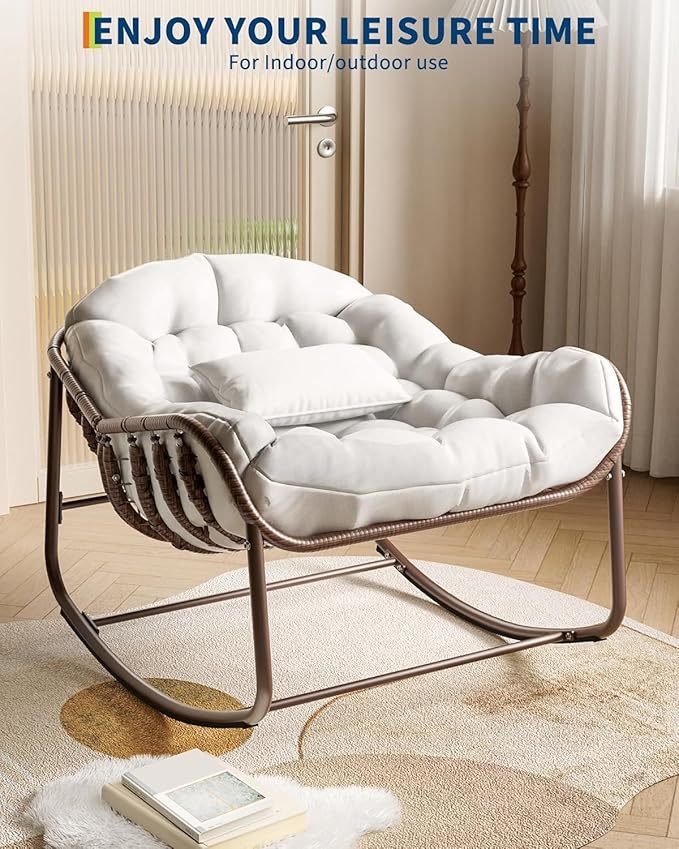 DEXSO Oversized Papasan Rocking Chair - Outdoor Wicker Lounge Chair with Cushion & Metal Frame, Patio Rattan Egg Rocker for Balcony, Backyard, Porch & Bedroom, White
