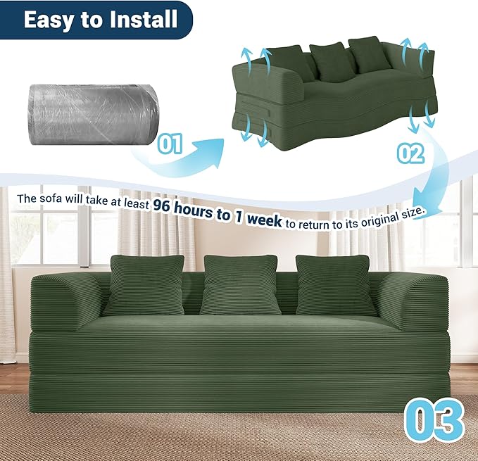 Cloud Boneless Convertible Sleeper Sofa Bed for Living Room 89" 4-in-1 Foldable Compressed Lounge 3 Seater Floor Couches High-Density Sponge & Corduroy Fabric Multi-Form Pull Out Futon Daybed(Green)