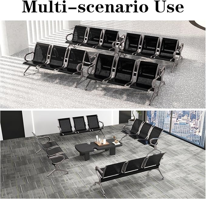 Kinfant 3-Seat Waiting Room Chairs Set - Office Guest Reception Seat Bench with Arms for Airport, Hospital, Bank, Salon, Barbershop, Hall, Room Conference(Black Mesh, Set of 3)