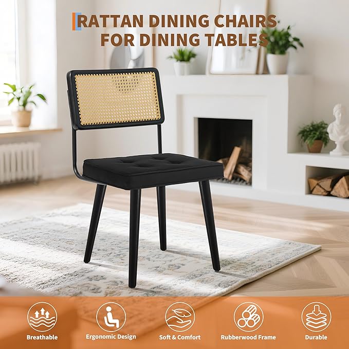 GarveeHome Natural Rattan Dining Chairs Set of 6, Velvet Upholstered Kitchen Chairs with Tall Cane Backrest and Strong Wood Legs for Dining Room, Kitchen, Restaurant, Black