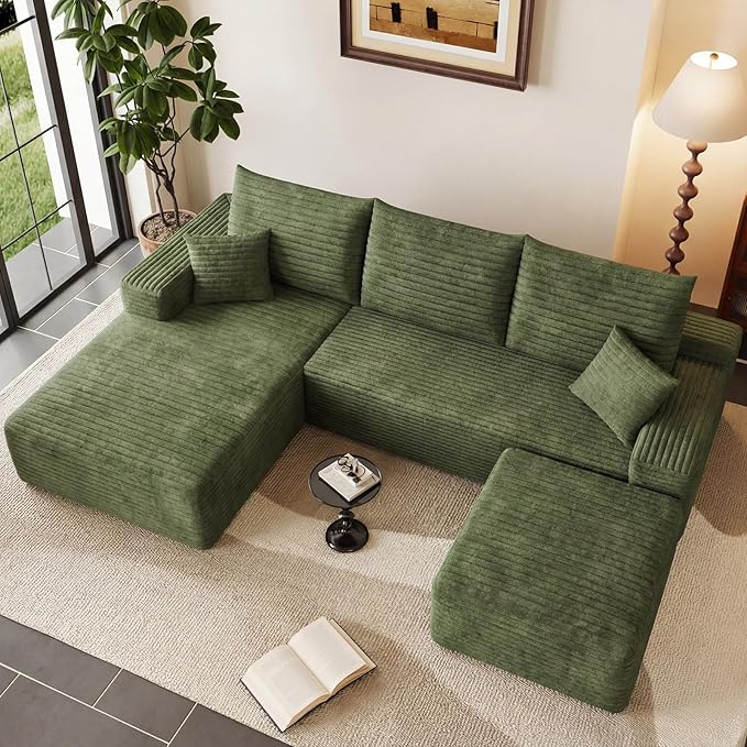 95" U-Shape Cloud Couch, Modern Modular Sectional L-Shape Sofa with Ottoman, Corduroy Upholstered Couches Deep Seat Sleeper Chaise Longue for Living Room, No Assembly Required(Green, Left Facing)