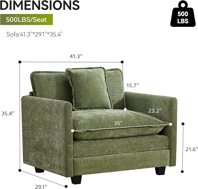 UMBFUN Cloud Couch Accent Chair, Oversized Comfy Modular Sofa with Deep Seat Cushions, Chenille Upholstered Lounge Chair for Living Room & Bedroom, Green