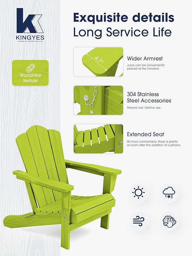KINGYES Folding Adirondack Chair Set of 2, HDPE All-Weather Folding Adirondack Chair, Apple