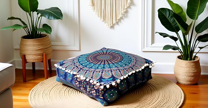 CRAFT KALA Blue Peacock Large Hippie Mandala Meditation Floor Ottoman Pillow Cushion Pouf Cover Square Poufs Bohemian Circle Floor Cushion Case Outdoor Fireplace Living Room Decor Cover 24" Square
