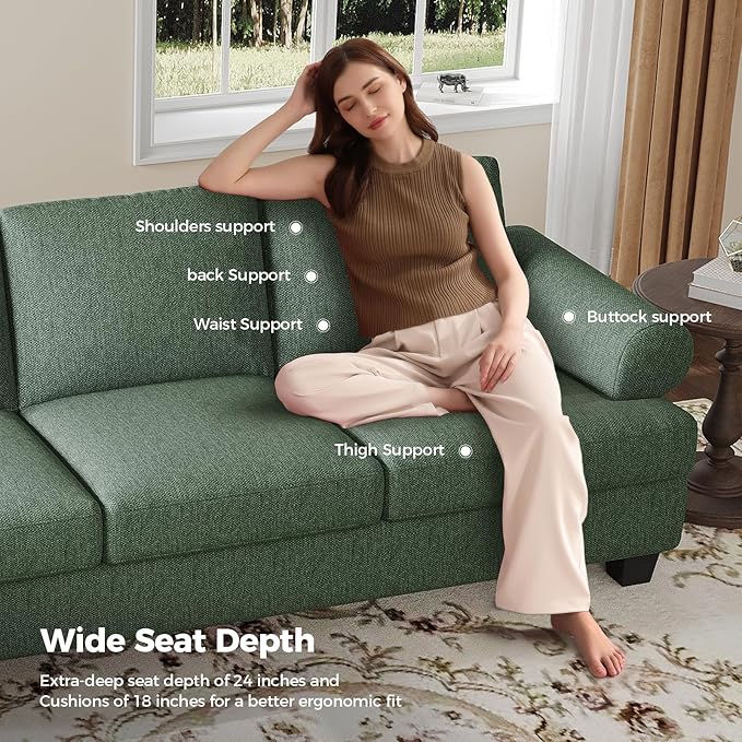 COPIAE 91 Inch Lawson Sofa with Extra Deep Seats Oversize, Mid-Century 3-Seat Sofa Couch, for Living Room, Apartment, Lounge, Green