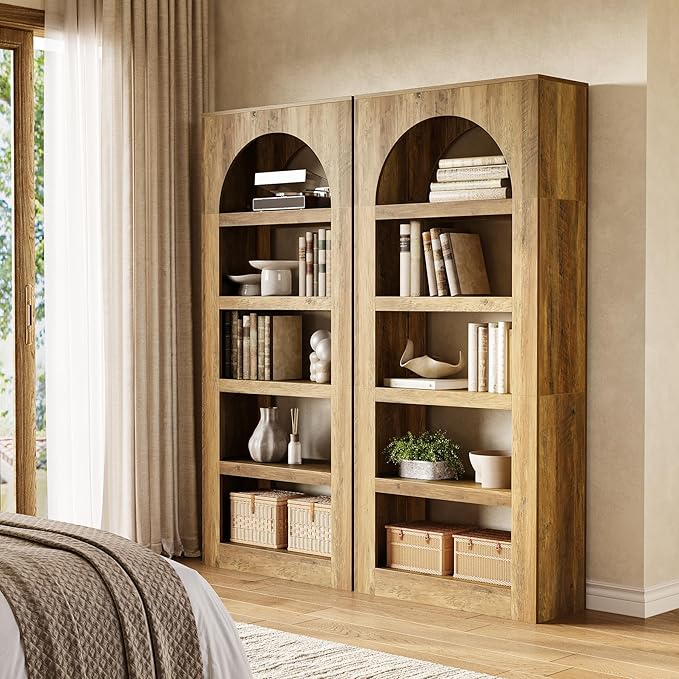 LITTLE TREE 5-Tier Arched Bookshelf Set of 2, Modern 70.8 Inches Tall Wooden Bookcase, Open Display Storage Shelf Organizer for Living Room, Home Office, Bedroom, Light Brown