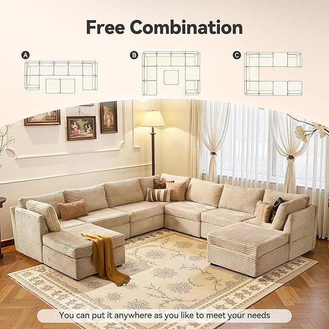 CAODOC Large 9 Seat Modular Sectional Sofa with Ottoman Seat Corduroy Sleeper Sectional Sofa Bed Oversized Convertible Modular Couch for Living Room