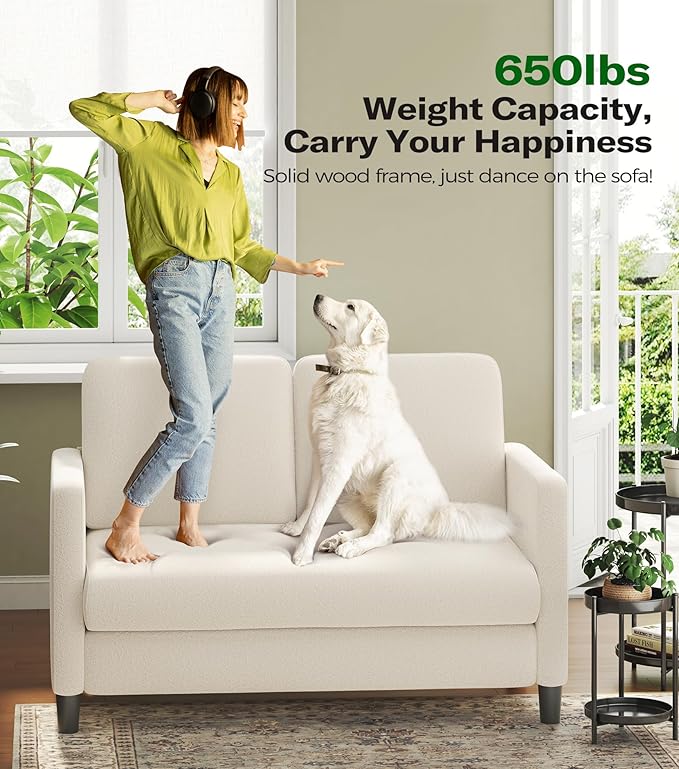Loveseat Sofa, 51" Love Seat, Comfy Teddy Small Loveseat for Small Spaces, Tool-Free Setup Sofa Couch for Bedroom, All-Wood Couches for Living Room, No Pillow Included, Cream White