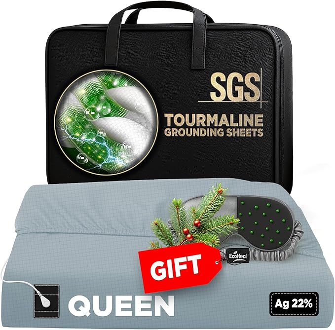 Luxury Tourmaline Grounding Sheets Queen 20% Silver Fiber, 76% Tourmaline Cotton, 4% Silk, SGS Quality Certified Grounded Well Bed Sheet - Conductive Earth Fitted Sheet for Better Sleep, Cloud Grey