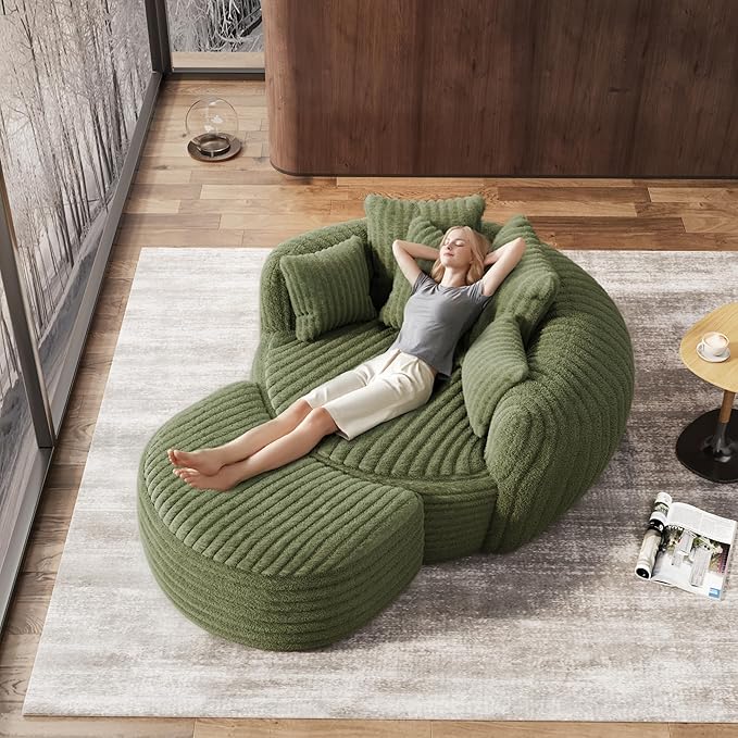 Oversized Chaise Lounge Chair Indoor with Ottoman 50.5" W x 67.0" D Round Soft Corduroy Comfy Oversized Reading Chair with 5 Pillows for Living, Reading Room - Olive Green