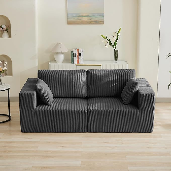 83'' Boneless Loveseat Sofa, Comfy Deep Seat Sectional Cloud Couch, No Assembly Corduroy Love Seat for Living Room, Grey