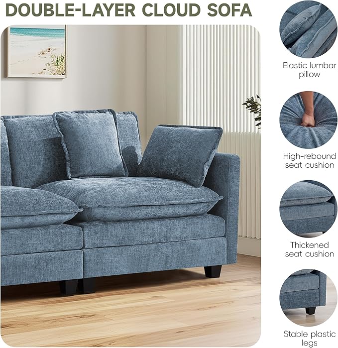 UMBFUN 3-Seater Cloud Couch, Oversized Modular Sectional Sofa with Deep Seat Soft Cushions, Comfy Chenille Couch for Living Room, Apartment & Family Space, Blue