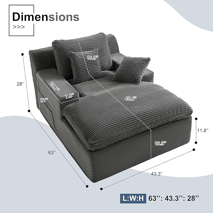 63" Oversized Boneless Chaise Lounge Chair, Extra Cloud Layer, Convertible Sleeper Sofa Couch with Removable Pillows & Side Pockets, Corduroy Upholstered Sofa Bed with Armrests for Living Room, Grey