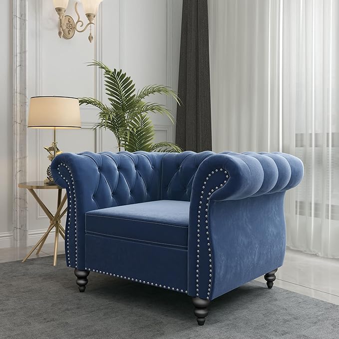QHITTY Accent Chair, Chesterfield Modern Velvet Upholstered Chair with Tufted Back for Living Room Furniture (Blue)