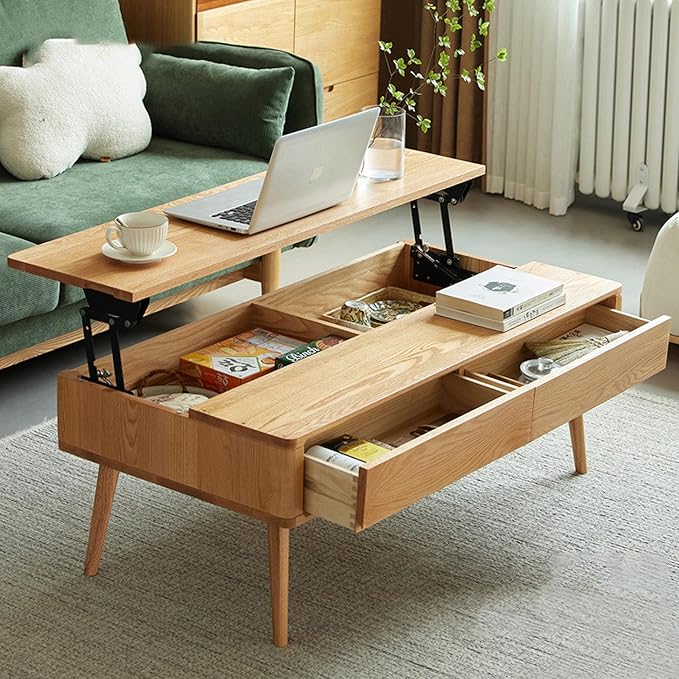 QKFF Wood Lift Top Coffee Table, 100% Solid Oak Wood Small Rising Dining Center Tables with Storage Shelf and Hidden Compartment for Living Room 40D x 22W x 26H