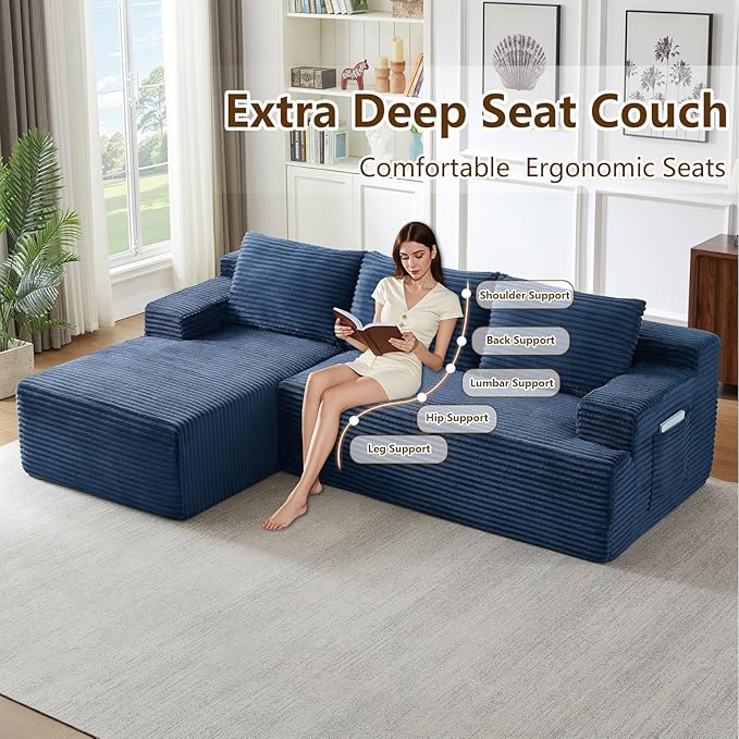 96.1" Modular Sectional Sofa Couches L-Shape Couch 3 Seat Modular Sofa Corduroy Memory Foam Sectional Boneless Couches for Living Room, Cloud Couch with Oversized Chaise(Blue, Left Facing)