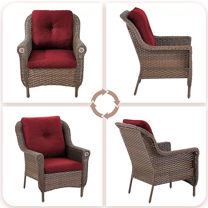 ACTREST Patio Wicker Chairs Outdoor Furniture Chair - Set of 4 Outside All Weather Lawn Dining Brown Rattan Armchair with High Back&Deep Seating for Deck Porch Balcony Backyard Garden - Red