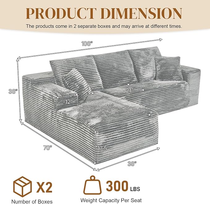 108" Boneless Cloud Sectional Couches for Living Room, Comfy Fluffy L Shaped Memory Foam Deep Seat Boneless Couch, Modular Sectional Sofa with Left Facing Chaise, Grey