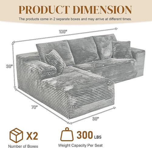 108" Boneless Cloud Sectional Couches for Living Room, Comfy Fluffy L Shaped Memory Foam Deep Seat Boneless Couch, Modular Sectional Sofa with Left Facing Chaise, Grey