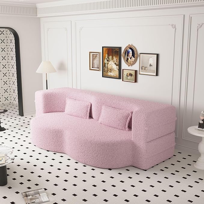 SZLIZCCC 78'' Modern Floor Sofa Bed, Convertible Teddy Fabric Sleeper with 2 Pillows, Modern Teddy Fabric Floor, Foam Folding Mattress for Living Room, Guest Bed, Playroom & Small Spaces (Pink)