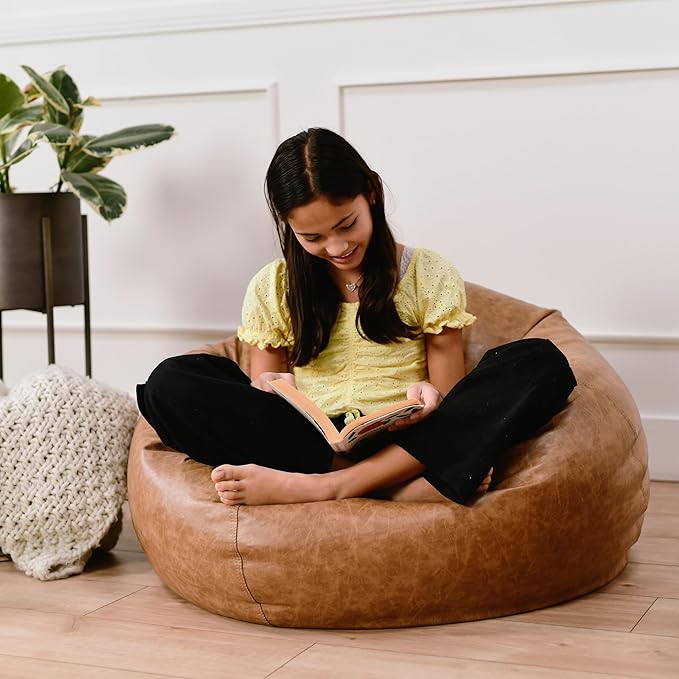 Factory Direct Partners 35" Rustic Western Bean Bag Chair; Distressed Faux Leather, Low to Ground for Reading, Playing Video Games and Relaxing; Flex Seating for Home and School - Pecan, 10478-321