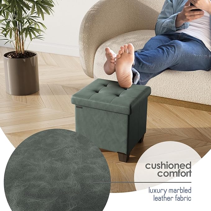 Storage Ottoman Cube with Small Bin, 16-in Square Ottoman with Storage for Living Room and Bedroom, Small Ottomans Foot Rest, Faux Leather Foot Stools Ottomans Max 330lbs, Green