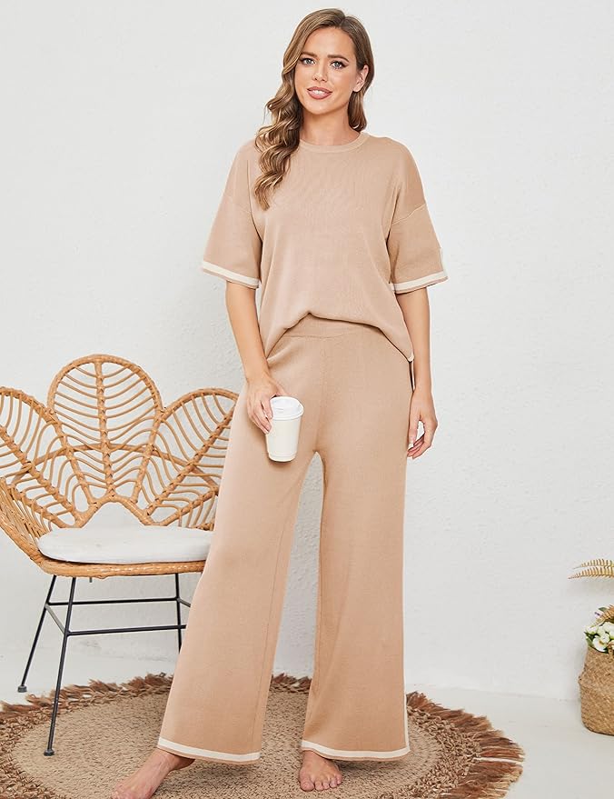 Faleave Womens Knit 2 Piece Sweater Sets Short Sleeve Pullover Tops Elastic Waist Wide Leg Pants Lounge Set